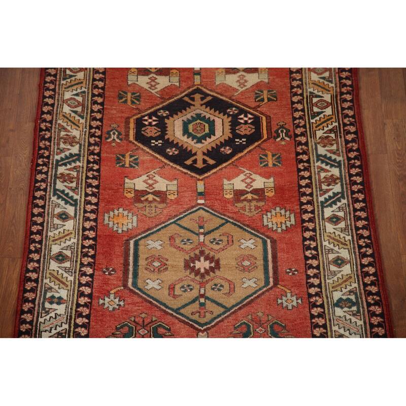 Geometric Red Heriz Persian Vintage Runner Rug Handmade Wool Carpet - 3'9"x 11'1"