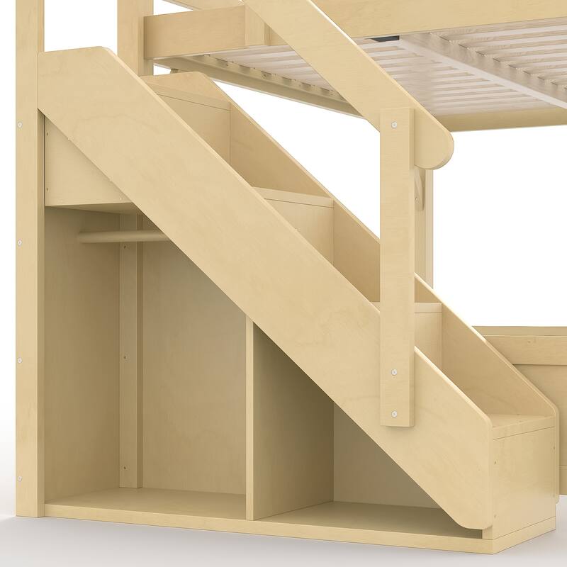 Full/Twin Loft Bed with Built-in Wardrobe, Storage & Stairs - Solid Wood, Full-Length Guardrails, No Box Spring