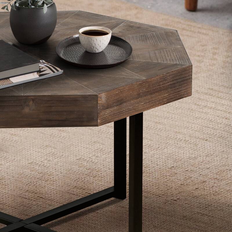 Octagonal Retro Patchwork Farmhouse Coffee Table with Wooden Tabletop Cross Metal Legs, for Living Room Antique Brown