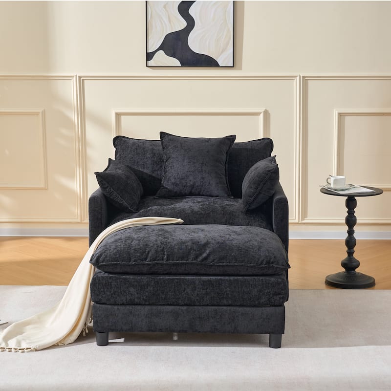 Chenille Upholstered Accent Chair & Ottoman Sets, Sofa Chair Reading Chair for Living Room Bedroom - Black