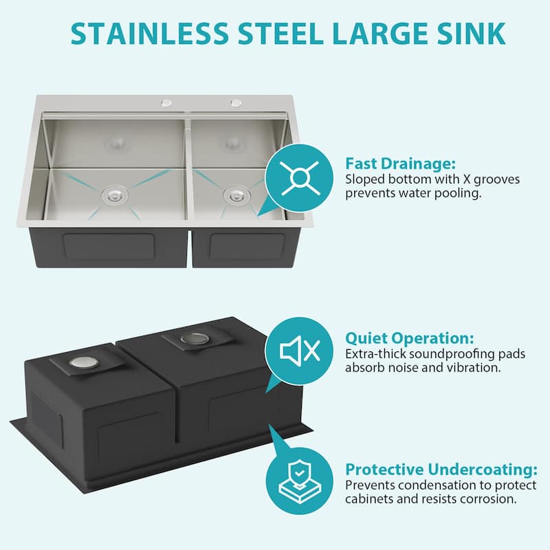 Drop-in Double Bowl 16 Gauge Stainless Steel Kitchen Sink in Brushed Nickel