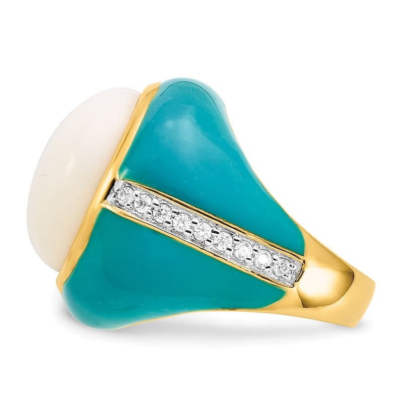 Curata Gold Plated 925 Sterling Silver Blue Enam Simul. Wht Agate and CZ Cubic Zirconia Simulated Diamond Ring
