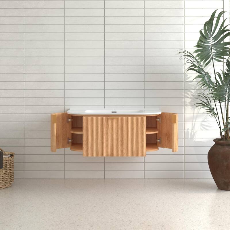 36" Bathroom Vanity with Basin,Wall-Mounted Floating Curved Edges Striped Bathroom Storage Cabinet with 2 Side Drawers