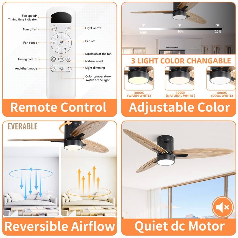 Modern 52"/56" Ceiling Fans with Wood Blades, LED Light & Remote - White/Gold/Black