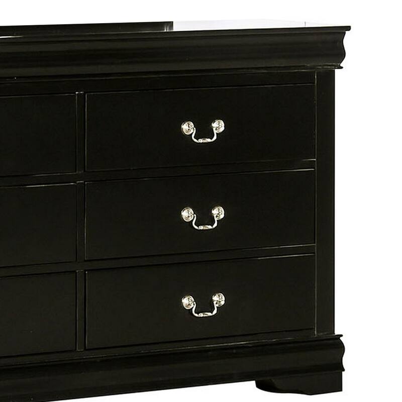 Ryla Wide Dresser, 6 Drawers, Nickel Metal Handles, Black Solid Wood