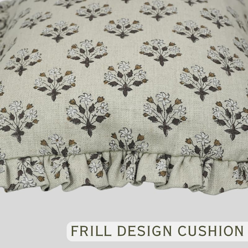 Fabdivine Heavy Linen Floral Ruffled Both Side Cushion Cover Home Décor Accent