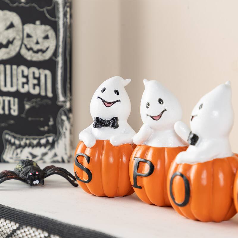 Glitzhome 15.50''L Halloween Polyresin SPOOKY Ghost Pumpkin Table Decor