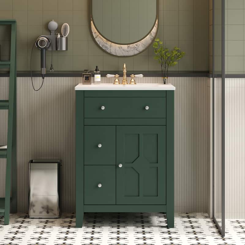 24" Modern Bathroom Vanity - Ceramic Basin, 2 Drawers & Soft-Closing Door, Compact Design - Green