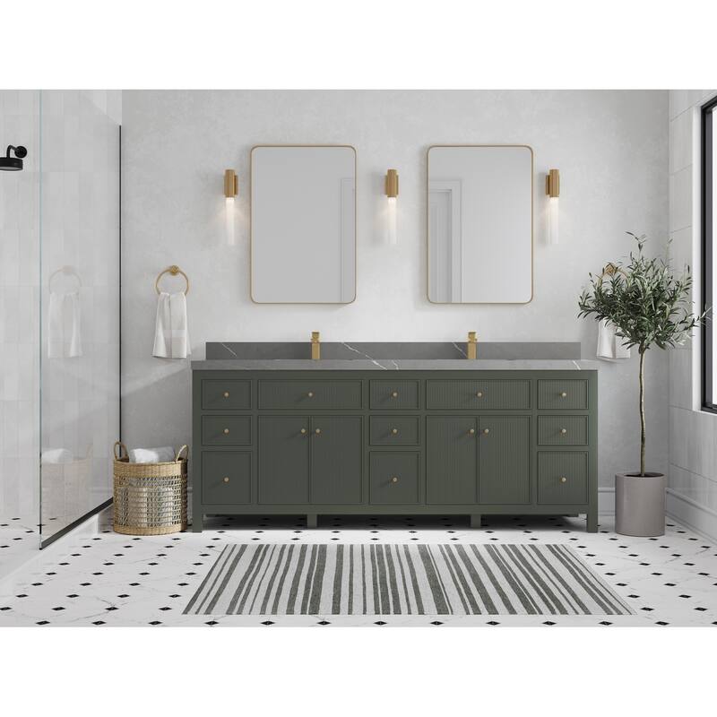 Willow Collections 84 in. W x 22 in. D Sonoma Free Standing Reeded Double Sink Bathroom Vanity with Countertop - 2" Piatra Gray - Pewter Green