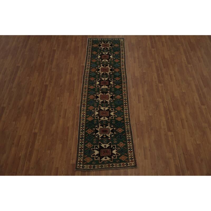 Hand Knotted Oriental 100% Wool Carpet Traditional Geometric Green Super Kazak Runner Rug - 9' 8'' X 2' 9''