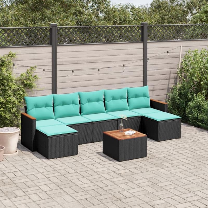 vidaXL Patio Sofa Set with Cushions Outdoor Conversation Furniture Poly Rattan - 21.7x 24.4x 27.2 - Black and Blue-With table