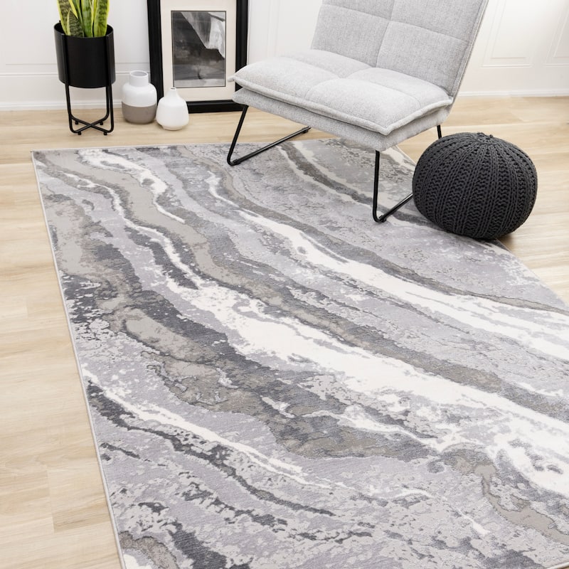 Grey White Modern Granite Patterned Area Rug, 5'3" x 7'7"
