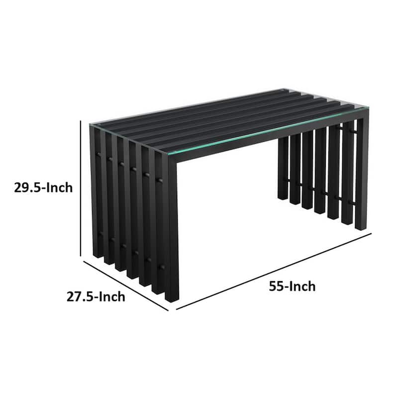 Namo 55 Inch Office Desk, Tempered Glass Top, Slatted Black Metal Frame