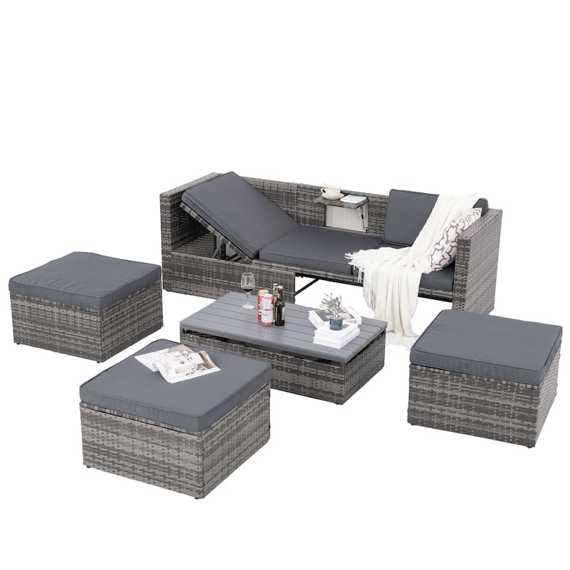 5 Pieces PE Wicker Outdoor Sectional Sofa Set with Lift-Top Coffee Table