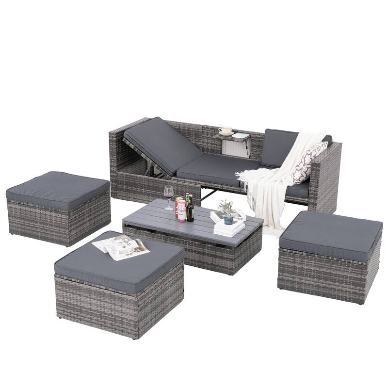 5 Set Outdoor Patio Conversation Set, Seasonal PE Wicker Furniture with lift TOP Coffee Table & Lounger Sofa