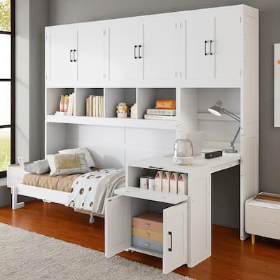 Twin Murphy Wall Bed with Closet, Drawers & Desk, Reversible Layout, 110.7 x 15.7 x 90.4 in, 400 lb Capacity
