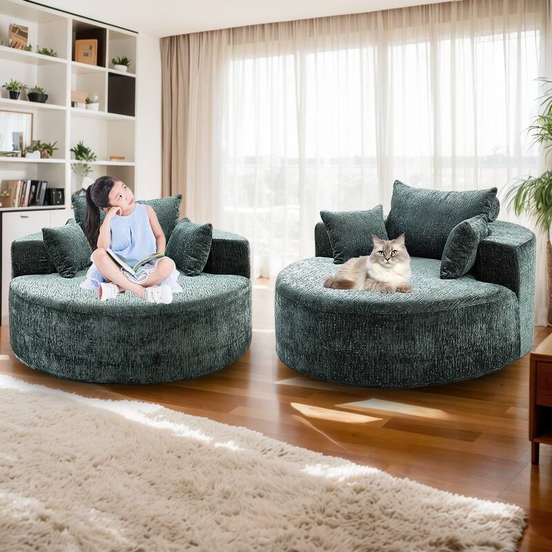 Round Floor Sofa Chair, Chenille Compressed Circle Chaise Lounge, Boneless Barrel Chair, Lazy Bean Bag Couch Accent Chair