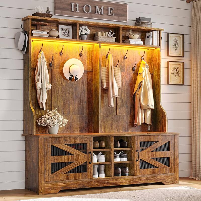Hall Tree w/ Bench Shoe Storage Shoe Cubby Barn Door Adjustable Shelf