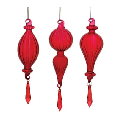 Ribbed Jewel Finial Drop Glass Christmas Ornaments - 7.5" - Red - 3ct