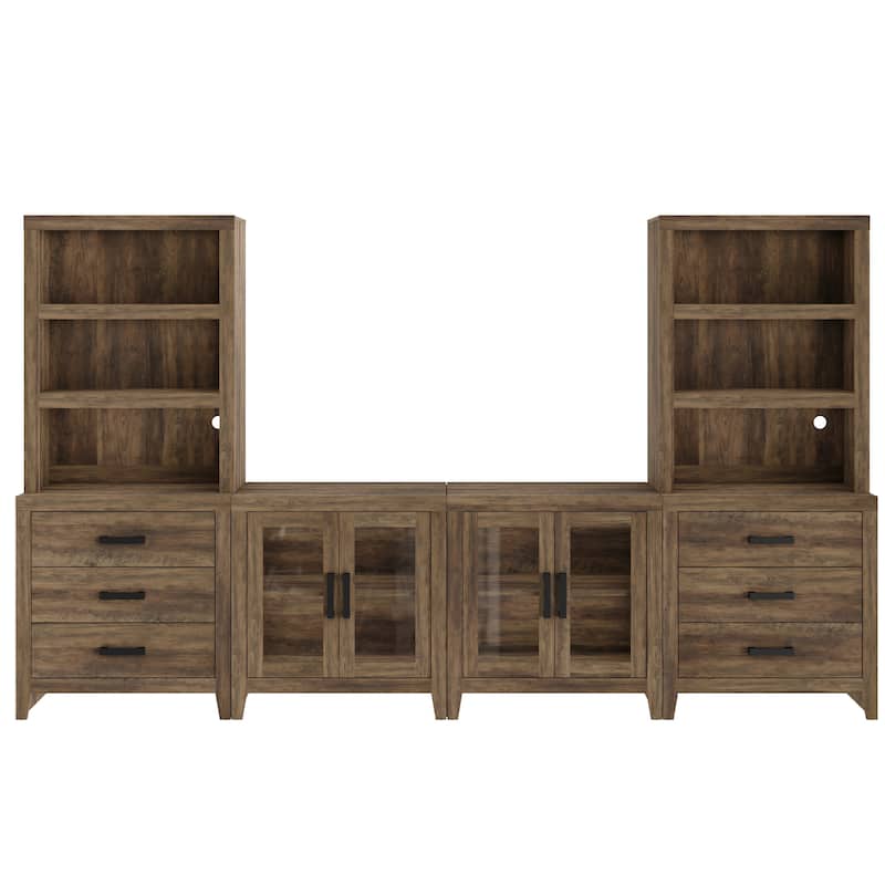 WAMPAT Farmhouse Entertainment Center with Bookshelves, Modular TV Stand with Drawers & Glass Doors - 126"W x 72.2"H x 15.4"D