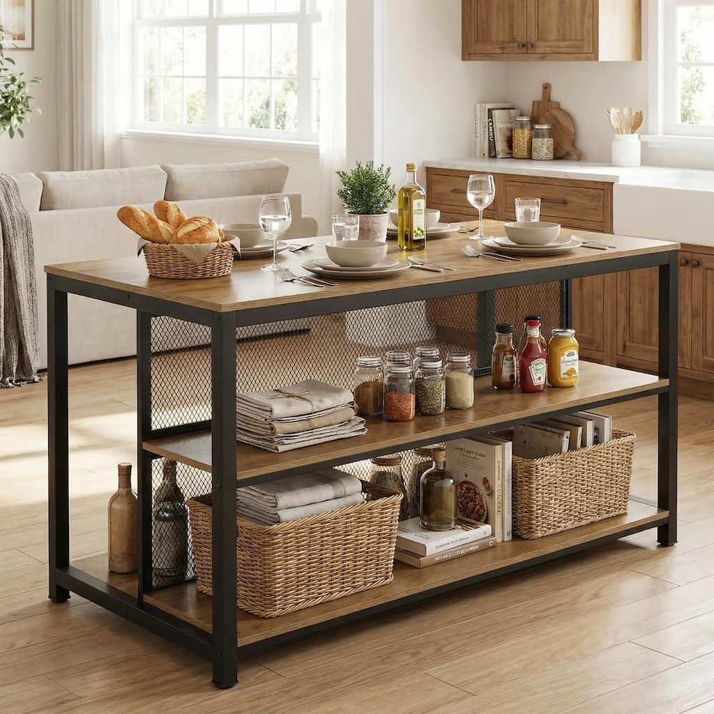 63" Industrial Kitchen Island With Seating & Storage