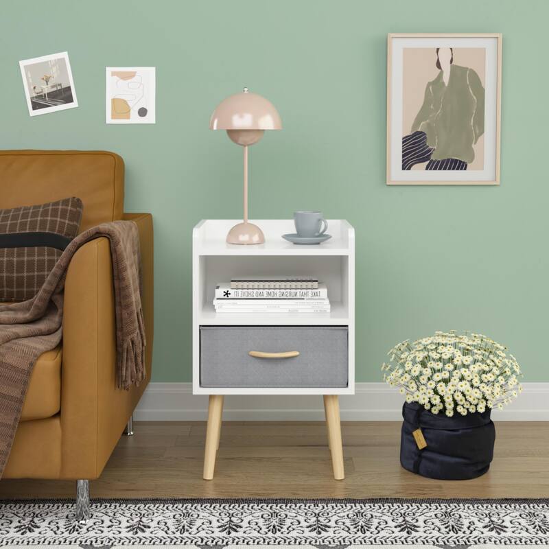 Nightstand With Collapsible Fabric Drawer, 2-Tier Storage End Table, Wood Side Table with Storage Cabinet for Kids, Adults