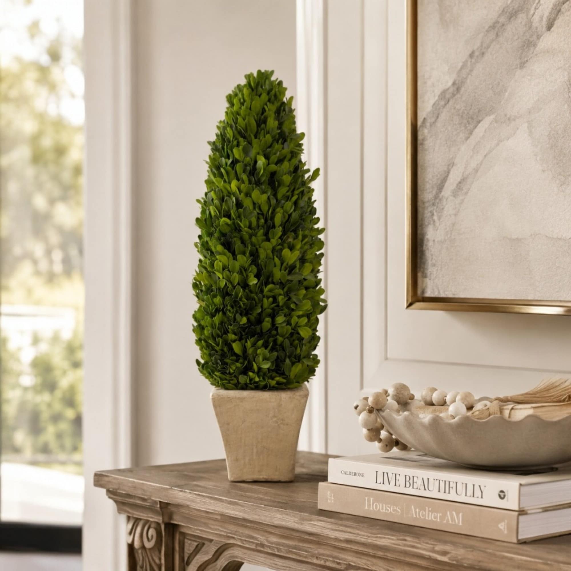 Evergreen 20" Inch Handcrafted Preserved Cone-Shaped Boxwood Leaf Topiary in Terracotta Pot