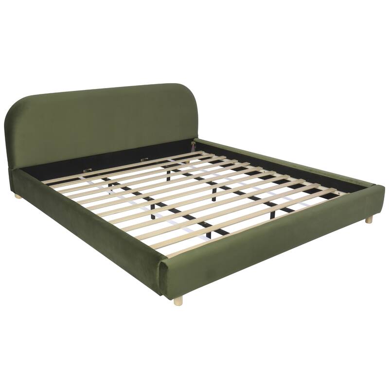 Roomfitters Modern King Platform Bed with Velvet Upholstery and Curved Headboard Design, Olive Green
