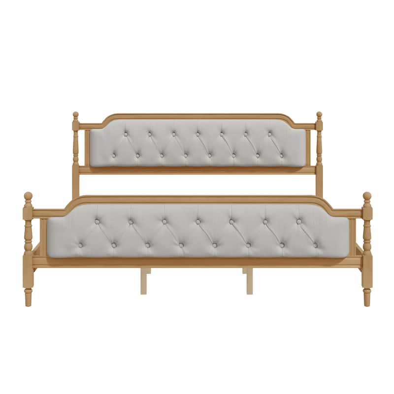 King Size Solid Wood Bed Frame with Upholstered Tufted Headboard