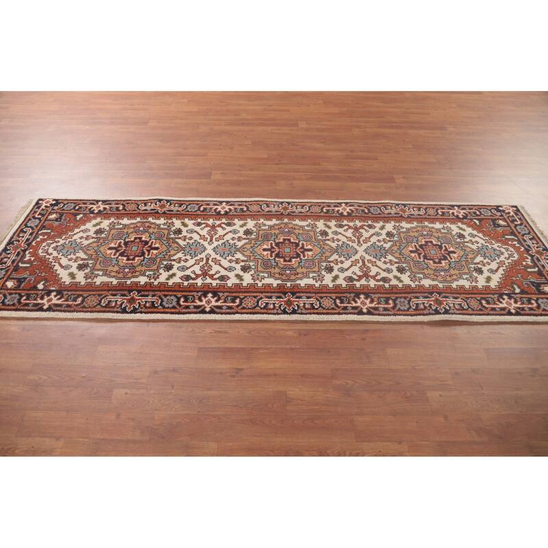 Geometric Beige Heriz-Serapi Oriental Runner Rug Handmade Wool Carpet - 2'6"x 8'0"