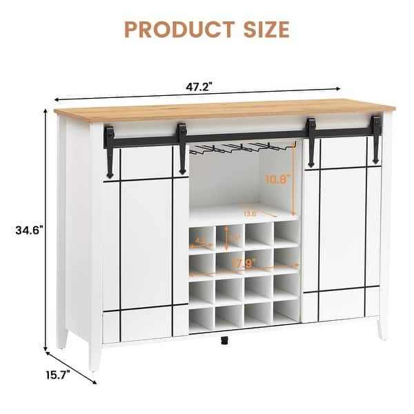 dimension image slide 0 of 4, Farmhouse 47'' Wine Bar Cabinet Buffet Sideboard Cabinet with 16 Bottle Wine Rack - 15.7"D x 47.2"W x 34.61"H