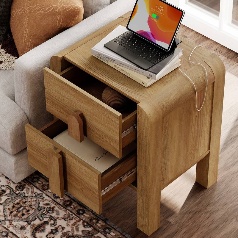 WAMPAT Modern Wood Nightstand With 2 Drawers ,Curved Mid-Century End Table With Built-In Charging Station For Bedroom