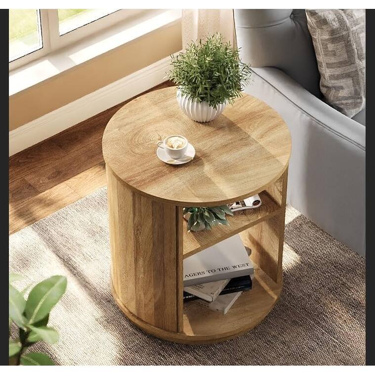 3-Tier Round End Table, Side Table with Storage Shelf, Farmhouse Nightstand Bedside Stand