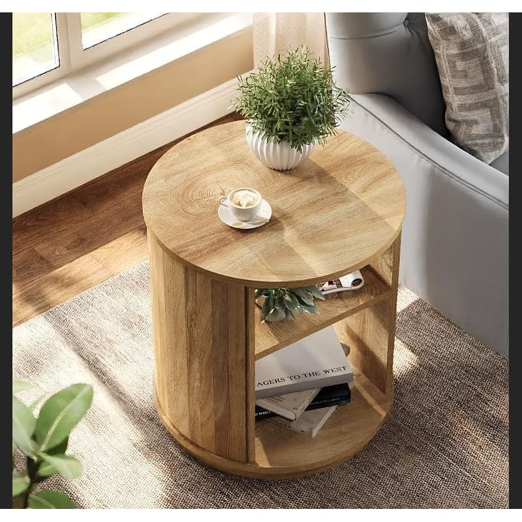 Round End Table, 3-Tier Side Table with Storage Shelf, Farmhouse Nightstand Bedside Stand
