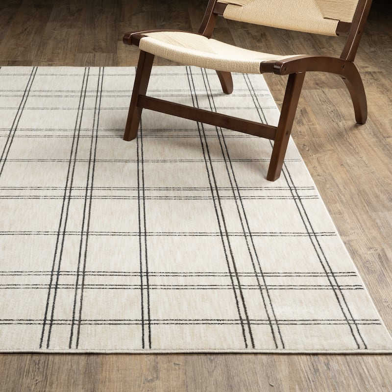 Hansel Updated Plaid Beige/ Black Area Rug - 2'3" x 7'6"