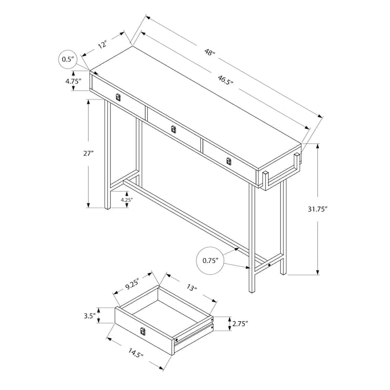 Modern 48-Inch Console Table with Rectangular Top and Metal Frame 3 Drawers for Living Room Decor - 48”L x 12”W x 31.75”H