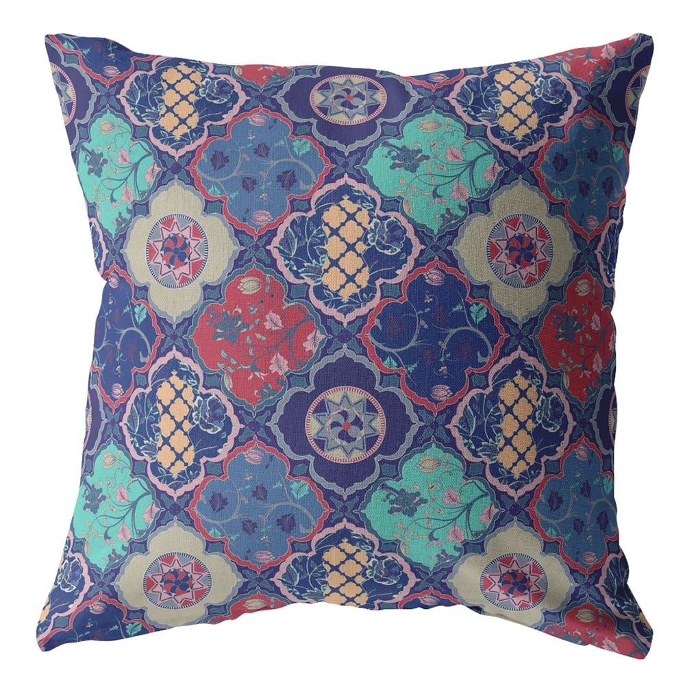 16" Navy Red Trellis Suede Zippered Throw Pillow