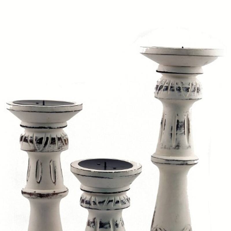 Taki Distressed Mango Wood Pillar Shaped Candle holder, Set of 3, White