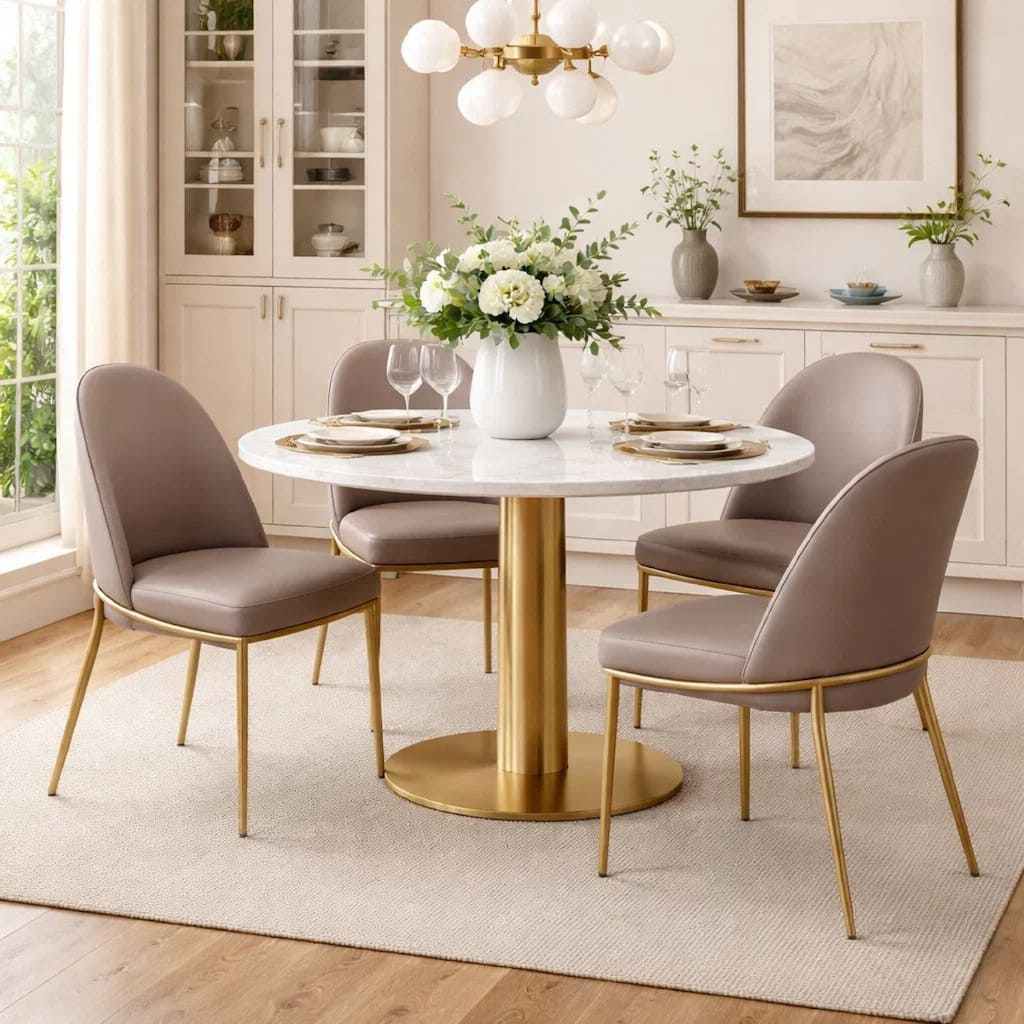 20 Inch Set of 2 Dining Chairs, Brass Tubular Frame, Taupe Faux Leather