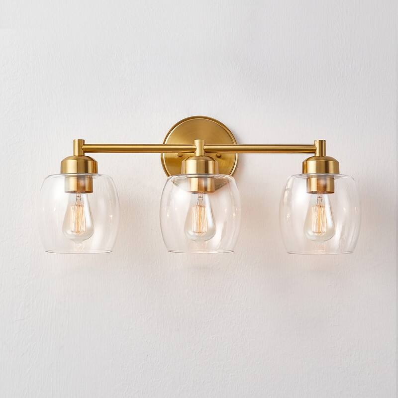 KAWOTI 3-Light Dimmable Bathroom Vanity Light with Glass Shade - Antiqued Brass