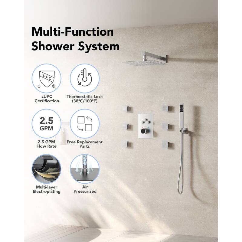 Thermostatic Shower System 12" Rain Shower Head with High Pressure Handheld Spray