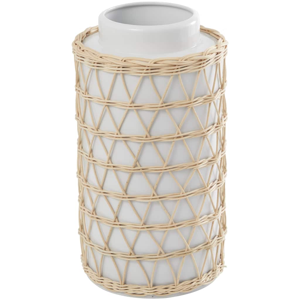 Ceramic Handmade Decorative Vase with Woven Rattan Exterior - White - Roche River Decor