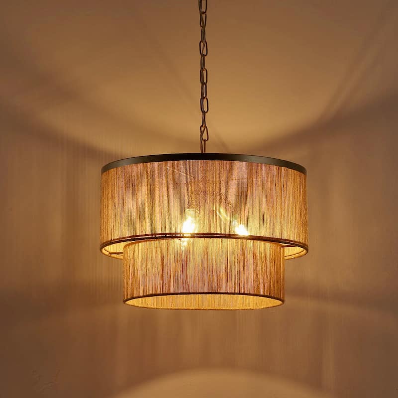 GetLedel 3-Light Coastal Boho Rope Drum Chandelier Hand-woven Ceiling Light