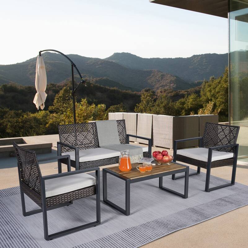 4-Piece Acacia Wood Patio Furniture Set,Brown and Beige