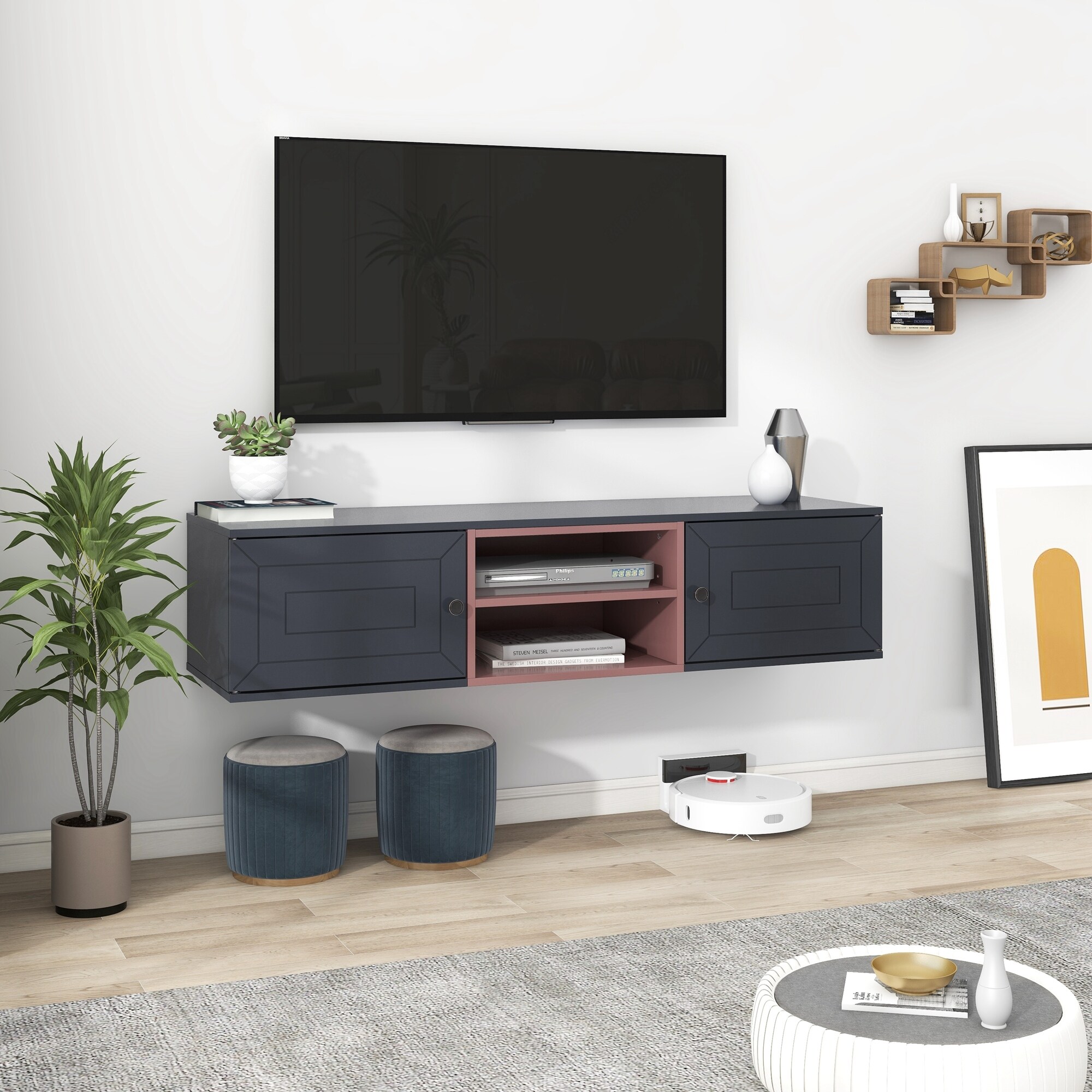 Floating TV Stand Wall Mounted TV Shelf w Storage 3 Levels