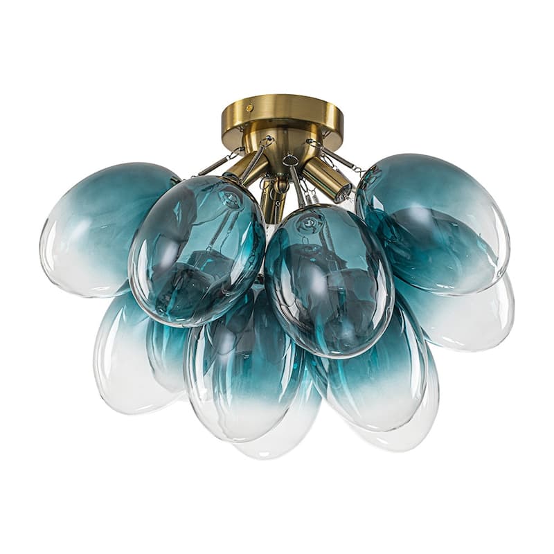 Cluster Blue Tinted Glass Globe Oval Bubble Semi Flush Chandelier