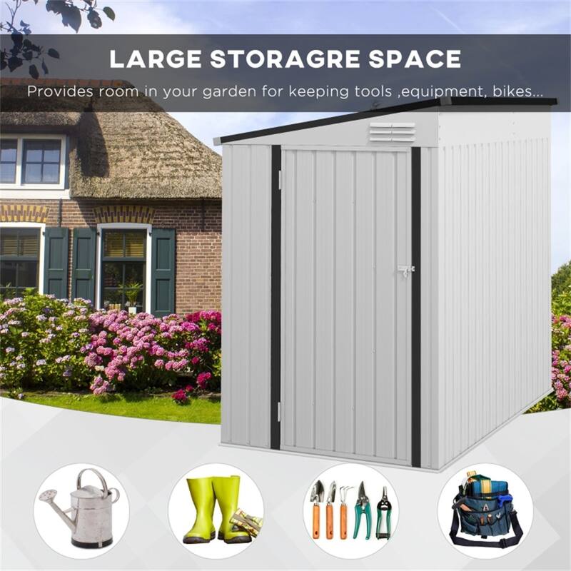 Galvanized Metal Garden Shed Outdoor Storage Lockable Door - 51.2" W x 92.5" D x 64.6"