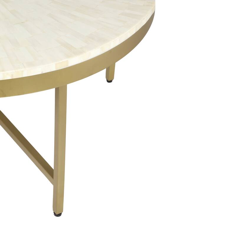 Sevita Alaric Round Bone Inlay and Gold Steel Cross-Leg Coffee Table, 36" W x 18" High - 36" Diameter x 18" H
