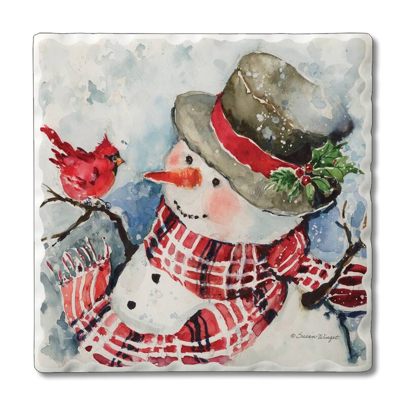 Counterart Absorbent Stone Coasters - Snowman Red Plaid - Set of 4 - 4x4x1.582