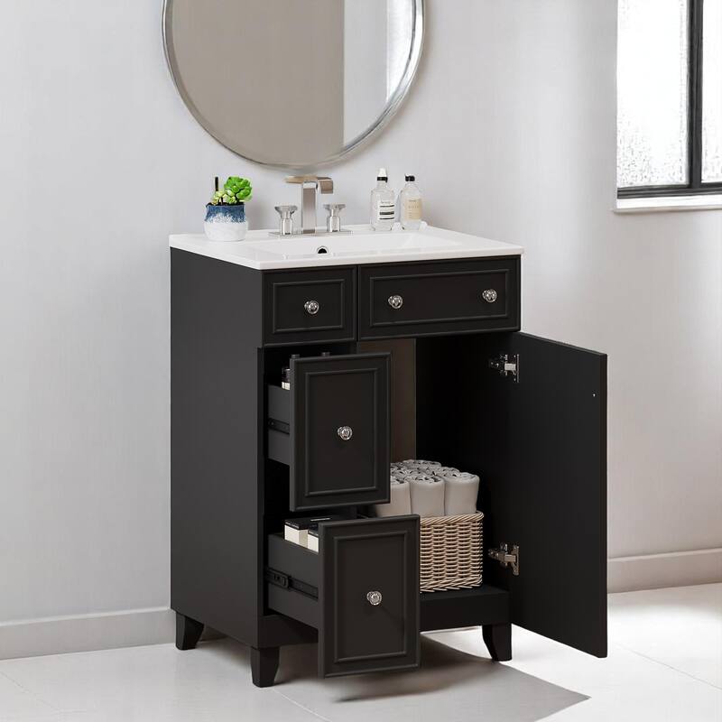 24" Bathroom Vanity with Ceramic Sink, 2 Drawers, Soft-Close Door, Freestanding Cabinet for Small Spaces, MDF and Wood